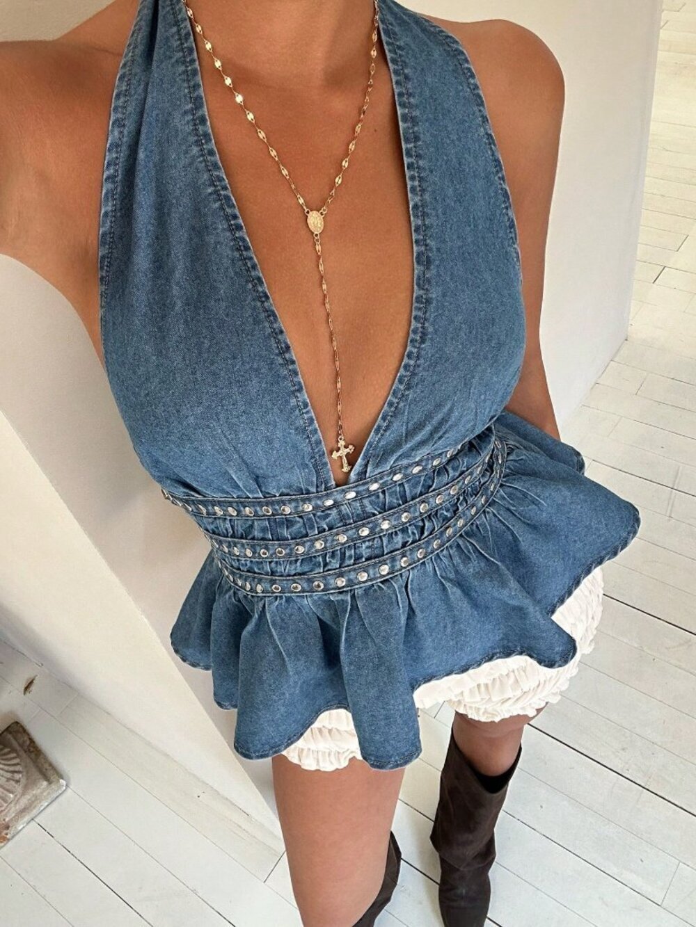 Blue Sexy Women's Denim Crop Top with Ruffle Trim, Deep V-Neck